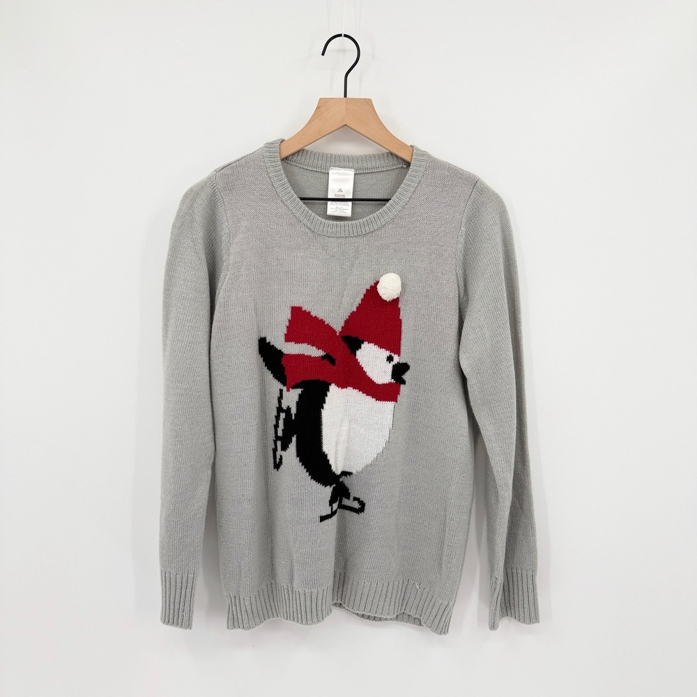 Novelty Holiday Sweater Womens L Skating Penguin Metallic Shimmer Festive